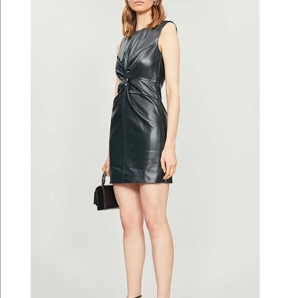 Maje Woman Twist-Front Leather Mini Dress Dark Green Size 36 - Picture 3 of 10
